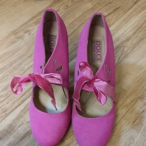 Pink heels with pink velvet lace